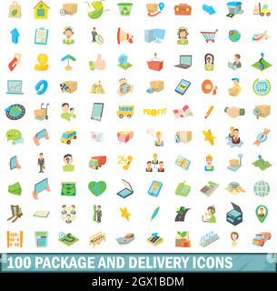 100 package and delivery icons set, cartoon style Stock Vector