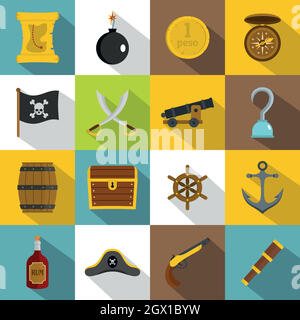 Pirate icons set, flat style Stock Vector