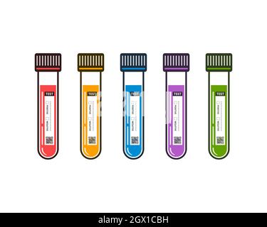 Labeled test tubes with liquid in various colors on white background. Medical equipments icon set. Stock Vector