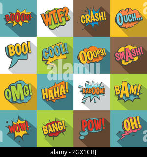 Comic colored sound icons set, flat style Stock Vector