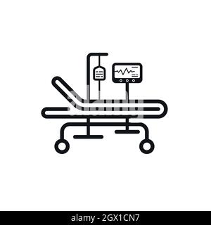 Hospital bed, cardiogram and plastic liquid bag in intensive care unit. Emergency medical equipment icon design. Stock Vector
