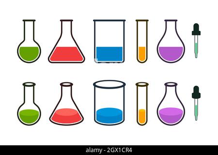 Colorful laboratory bottles, beakers, flasks and droppers with molecules on white background. 2D and 3D laboratory equipments icon set. Stock Vector