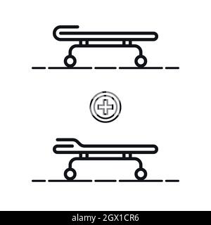 Stretcher or hospital bed outline symbols on white background. Emergency medical equipments icon set. Stock Vector