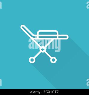 Medical gurney outline symbol with long shadow. First aid and hospital equipment flat icon design. Stock Vector