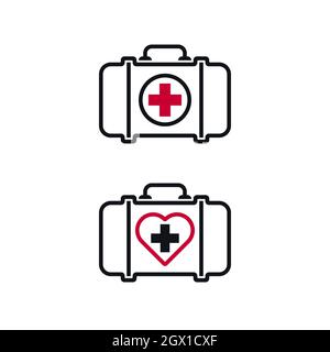 Outline first aid kit, medical bag isolated symbols with cross and heart shape. Emergency health care equipment flat icon set. Stock Vector