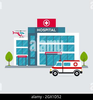 Hospital building front view with ambulance car and helicopter on white background. Medical center vector design. Stock Vector