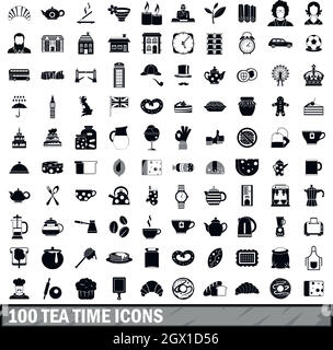 100 tea time food icons set in simple style Stock Vector