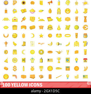 100 yellow icons set, cartoon style Stock Vector