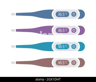 Digital thermometer isolated symbols in pastel colors. Medical equipment flat icon set. Stock Vector