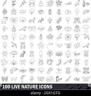 100 live nature icons set, outline style Stock Vector