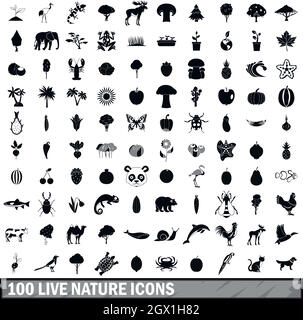 100 live nature icons set in simple style Stock Vector