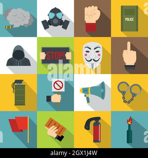 Protest icons set, flat style Stock Vector