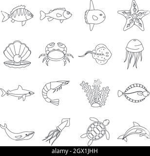 Sea animals icons set, otline style Stock Vector
