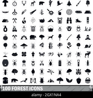 100 forest icons set in simple style Stock Vector