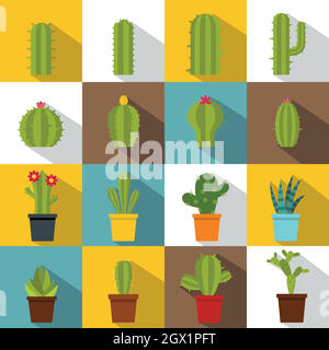 Different cactuses icons set, flat style Stock Vector