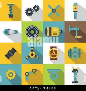 Techno mechanisms kit icons set, flat style Stock Vector