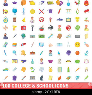 100 college and school icons set, cartoon style Stock Vector