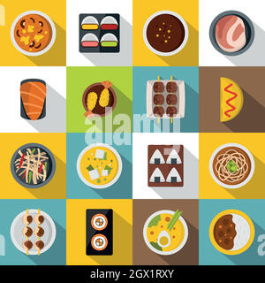 Japan food icons set, flat style Stock Vector