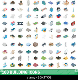100 building icons set, isometric 3d style Stock Vector