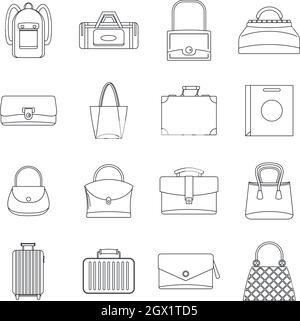 Bag baggage suitcase icons set, outline style Stock Vector
