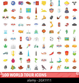 100 world tour icons set, cartoon style Stock Vector