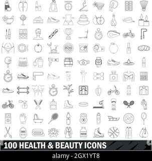 100 health and beauty icons set, outline style Stock Vector