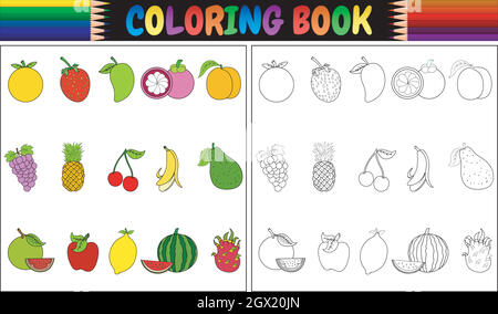 Coloring book with fresh fruits cartoon Stock Vector