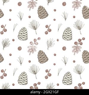 Christmas floral seamless patter with conifer cones and berries. Hand drawn vector illustration Stock Vector