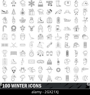 100 winter icons set, outline style Stock Vector