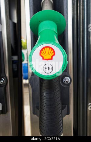 E10 petrol pump at a UK filling station as the UK moves to 10% ethanol mix in petrol as standard. Stock Photo