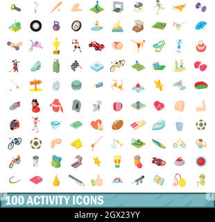 100 activity icons set, cartoon style Stock Vector