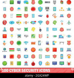 100 cyber security icons set, cartoon style Stock Vector
