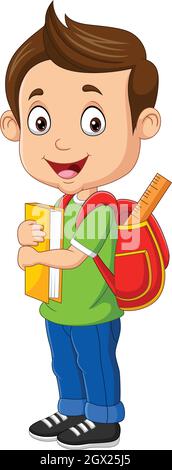 Cartoon happy boy with book and backpack Stock Vector