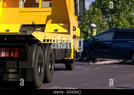 Car tow truck on the road in a place crash.Tow Car  are generic Stock Photo