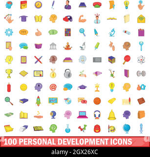 100 personal development icons set, cartoon style Stock Vector