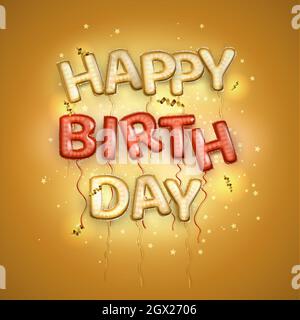 Happy Birthday 3D text. Greeting card. Gold and red letter balloon. Vector illustration. Stock Vector