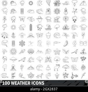 100 weather icons set, outline style Stock Vector