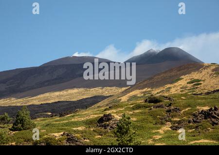 Etna And Green Wood Landscape Between Lava Flows And Blue Sky - Holidays And Adventures In Sicily.