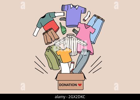 Charity and donating clothes concept. Box with donation word and carious human clothes flying from it for needing people vector illustration  Stock Vector