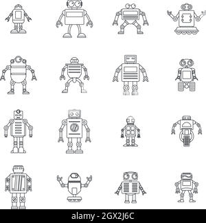 Robot icons set, outline style Stock Vector