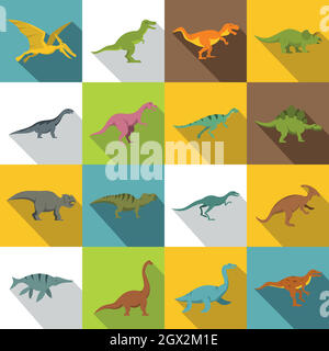 Dinosaur icons set, flat style Stock Vector