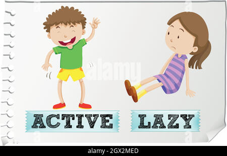Opposite adjectives active and lazy Stock Vector
