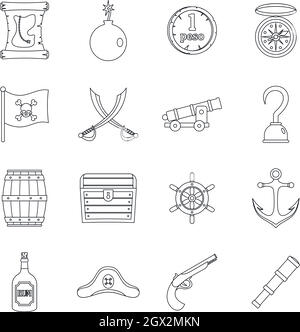 Pirate icons set, flat style Stock Vector