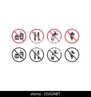 No food or drink red prohibition sign. No eating and drinking, no ice cream, no water icon set. Stock Vector
