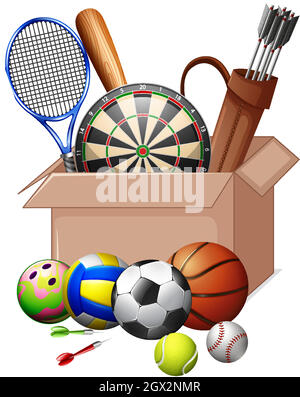 Cardboard box full of sport equipments on white background Stock Vector