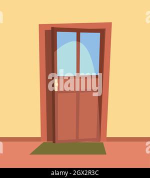 Open up door. Simple and flat style. Inside view from the room of the house. Yellow wall. Cartoon cute fairy tale design. Image background. Vector Stock Vector
