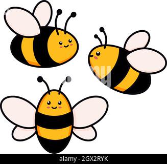 Cute set of bees vector illustration in doodle style. Colorful collection of bumblebees kids drawing for icon and logo design in yellow and black colors isolated on white background Stock Vector