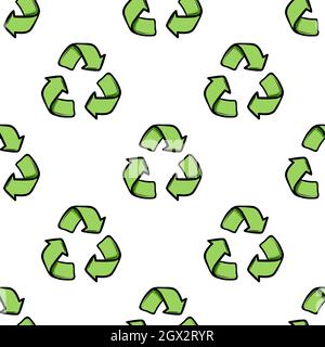 Seamless eco pattern. Three arrows eco recycle. Reuse ornament doodle on white background. Green flat vector wallpaper. Zero waste ecology circle symbol. Stock Vector