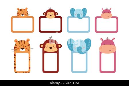 Set of cute photo frames and note paper decorated animal heads. Cute animals sheet templates for diary, timetable, memo. Box with space for text Stock Vector