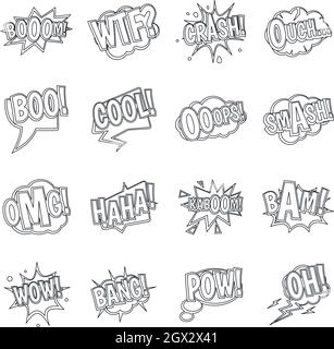 Comic colored sound icons set, outline style Stock Vector
